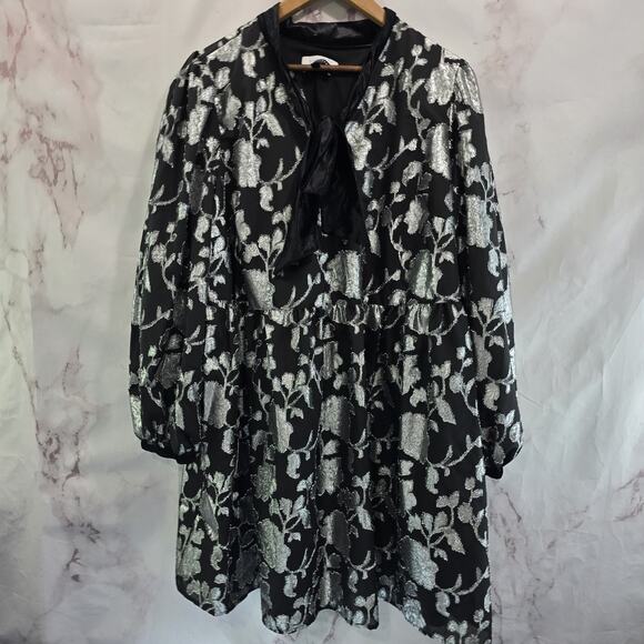 Eloquii Dress Womens 16 1X Black Gray Silver Satin Bow Metallic Sheer Elements - Picture 1 of 15